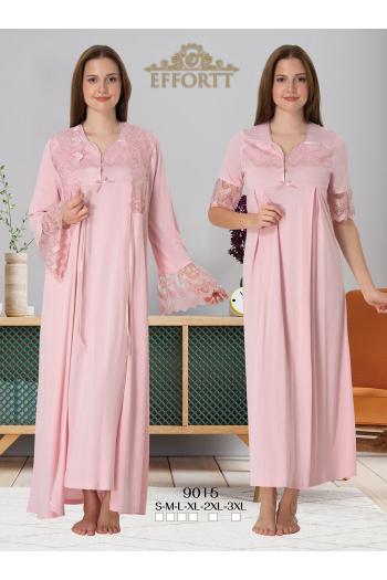Effortt 9015 Pudra Pembe Dantelli Sabahlıklı Lohusa Gecelik Takımı